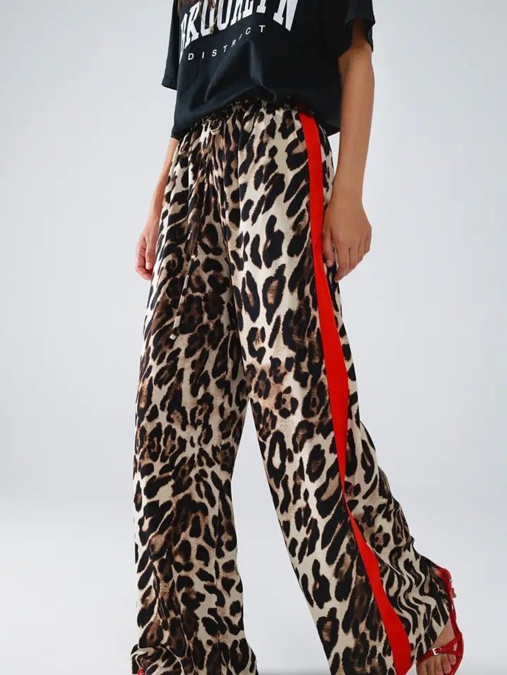 Leopard Print Wide-Leg Pants with Red Side Stripe